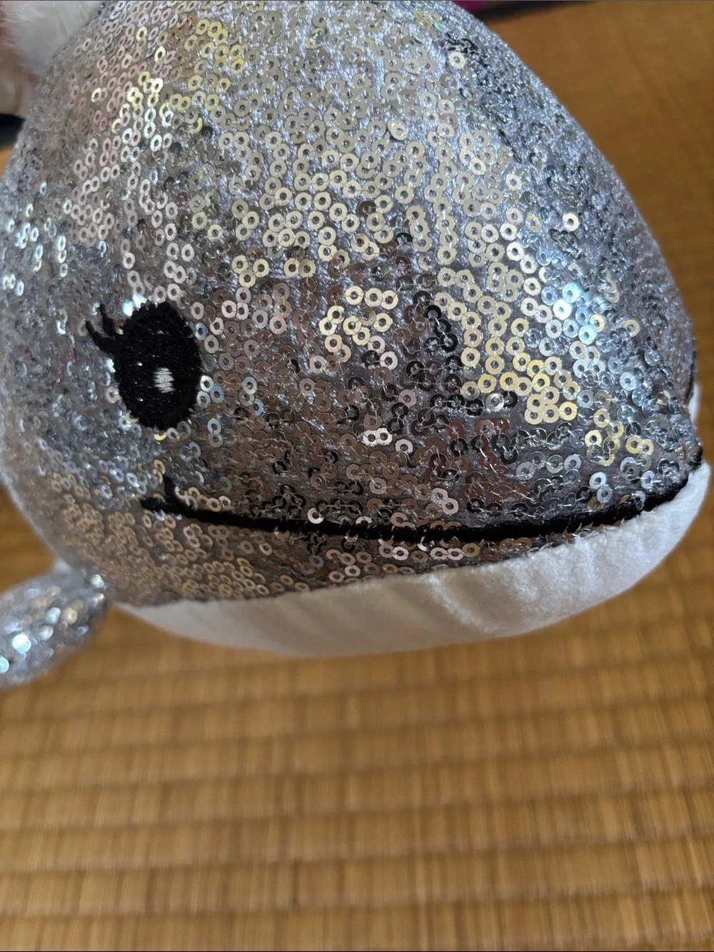 Silver Sequin Whale Plush with Red Santa Hat